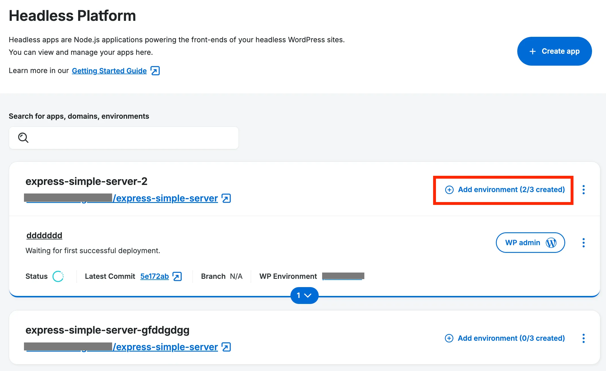 Add environment to App from Apps Page